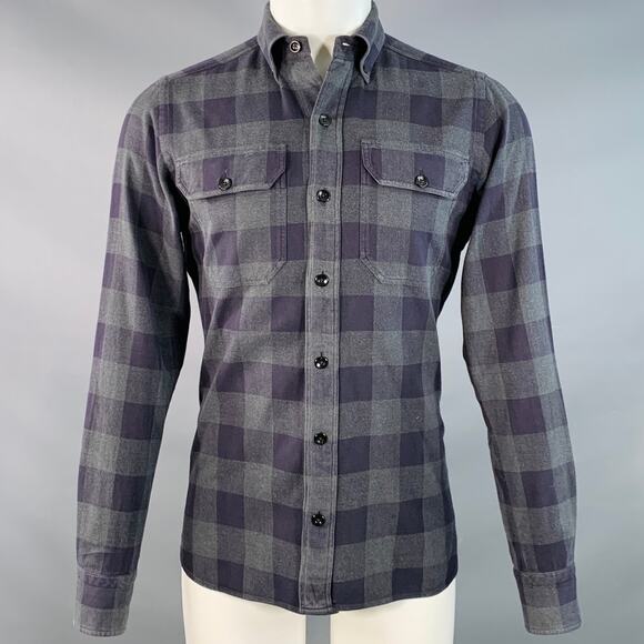 TOM FORD Size S Navy Grey Checkered Cotton Button Down Collar Long Sleeve Shirt - Picture 1 of 6